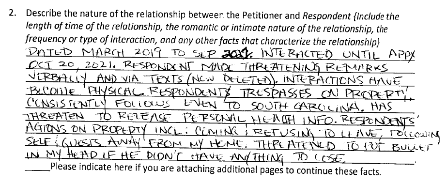 Handwritten petition describing threats, trespassing, following, and a threat to put a bullet in her head.