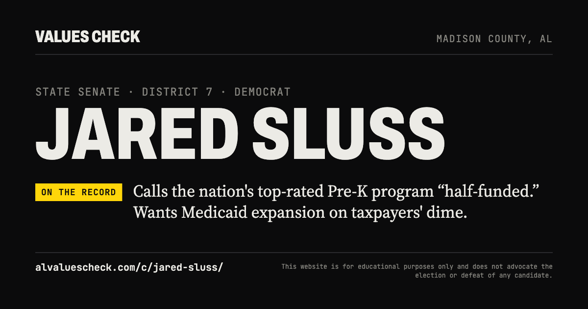 Jared Sluss: State Senate · District 7 | Madison County Values Check